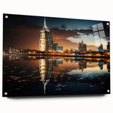 Acrylic print of the Burj Al Arab with muted blue and white tones, ideal for modern bedroom or dining room decor.