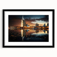 Extra large, textured abstract art print of colorful scenery featuring Burj Al Arab, in a black frame.