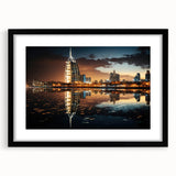 Extra large, textured abstract art print of colorful scenery featuring Burj Al Arab, in a black frame.