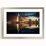 Textured art print of Burj Al Arab in muted blue and silver tones on a framed canvas, suitable for bedroom decor.