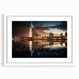 Abstract art print of the Burj Al Arab in muted blue and gray tones on a framed canvas.