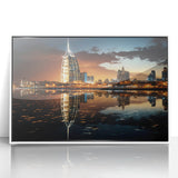 Art deco poster of Burj Al Arab in muted blue and white tones on framed acrylic, suitable for modern art wall decor.