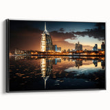 Black and white wall art featuring the Burj Al Arab landscape on framed canvas, suitable for bedroom decor.