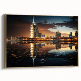 Framed canvas of the Burj Al Arab with a vintage black and gold palette, ideal for bedroom wall art.