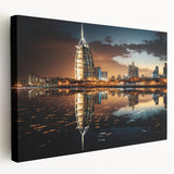 Large canvas print of the Burj Al Arab with a sunset backdrop in warm orange and pink tones, ideal for kitchen wall art.