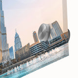 Art Deco poster of Burj Khalifa in muted metallic tones on acrylic glass, suitable for dining room wall art.