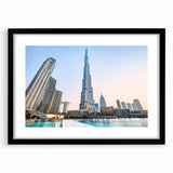 Abstract art print of Burj Khalifa in vibrant colors on a large textured canvas, ideal for living room decor.
