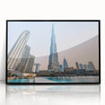 Large abstract wall art of Burj Khalifa in muted gray tones on a framed acrylic, ideal for modern office decor.
