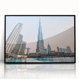 Large abstract wall art of Burj Khalifa in muted gray tones on a framed acrylic, ideal for modern office decor.