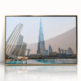 Large art print of Burj Khalifa in gold and black tones on acrylic, framed, in a mid-century modernist style.