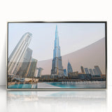 Mid-century modernist art of Burj Khalifa in silver acrylic frame, ideal for modern art wall decor.