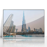 Art deco poster of Burj Khalifa with muted gray and white tones on framed acrylic, suitable for modern art wall decor.