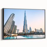Black and white framed canvas of Burj Khalifa landscape, ideal for bedroom wall art, in vintage poster style.