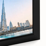 Extra large framed canvas of Burj Khalifa with black textured foreground and colorful skyline, ideal for living room decor.