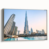 Framed canvas landscape art painting featuring the Burj Khalifa in silver and black tones, ideal for modern office decor.