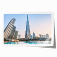 Large abstract wall art of the Burj Khalifa in muted gray tones on a rolled print, ideal for dining room art.