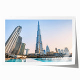 Large abstract wall art of the Burj Khalifa in muted gray tones on a rolled print, ideal for dining room art.
