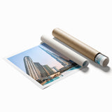 Art deco poster featuring the Burj Khalifa in muted metallic tones on rolled print, suitable for dining room wall art.