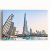 Black and white stretched canvas of the Burj Khalifa, ideal for kitchen wall art.