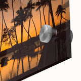 Large abstract wall art depicting a serene Oceania Fiji scenery in muted blue and green tones on acrylic glass.