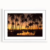 Abstract art print of an oceanic Fiji scenery in muted blue and green tones, framed in white; ideal for dining room decor.