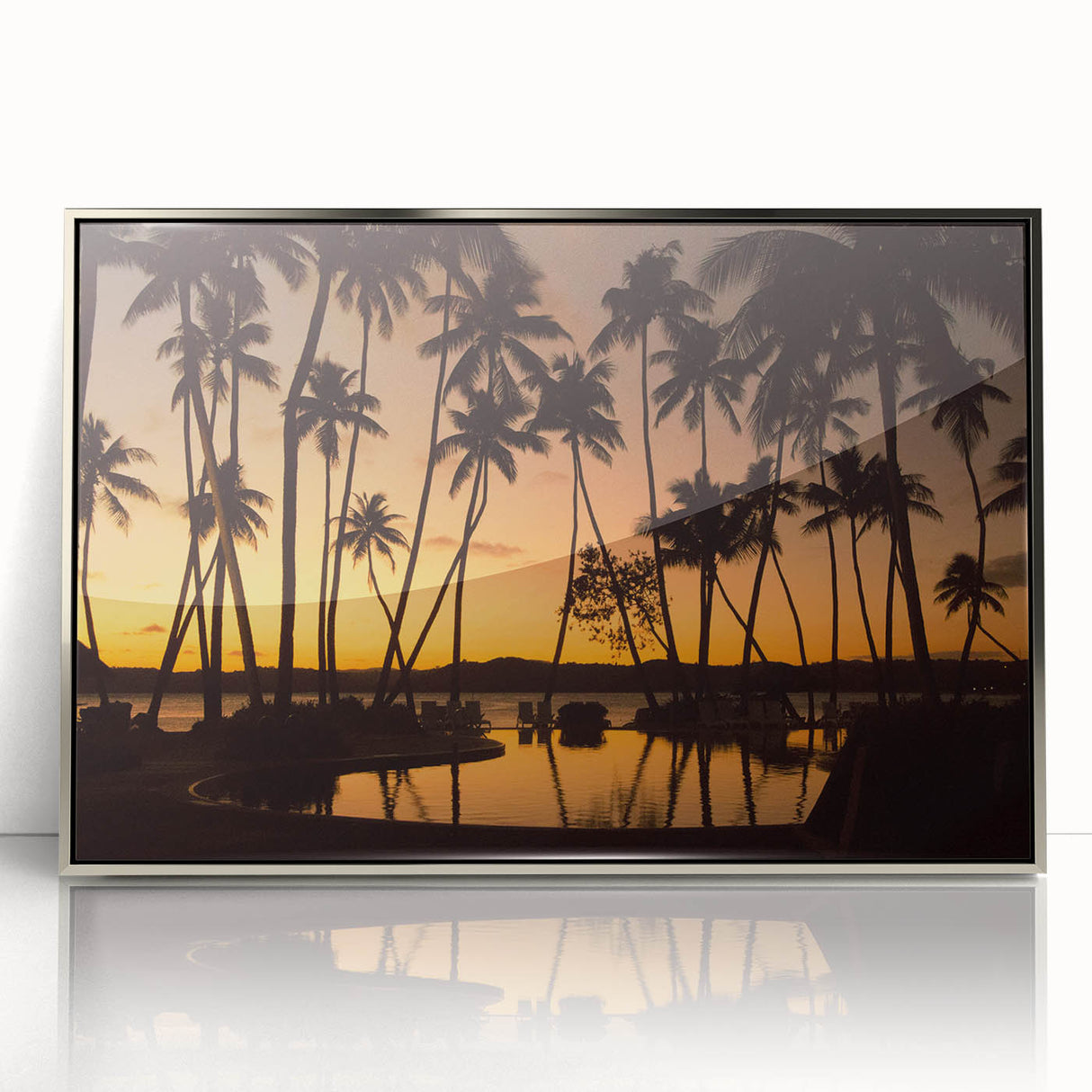 Mid-century modernist art depicting a serene Fiji beach scene, in acrylic with a silver frame.