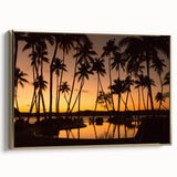 Framed canvas landscape painting of a serene Fiji beach scene in muted gold and blue tones, ideal for bedroom wall art.