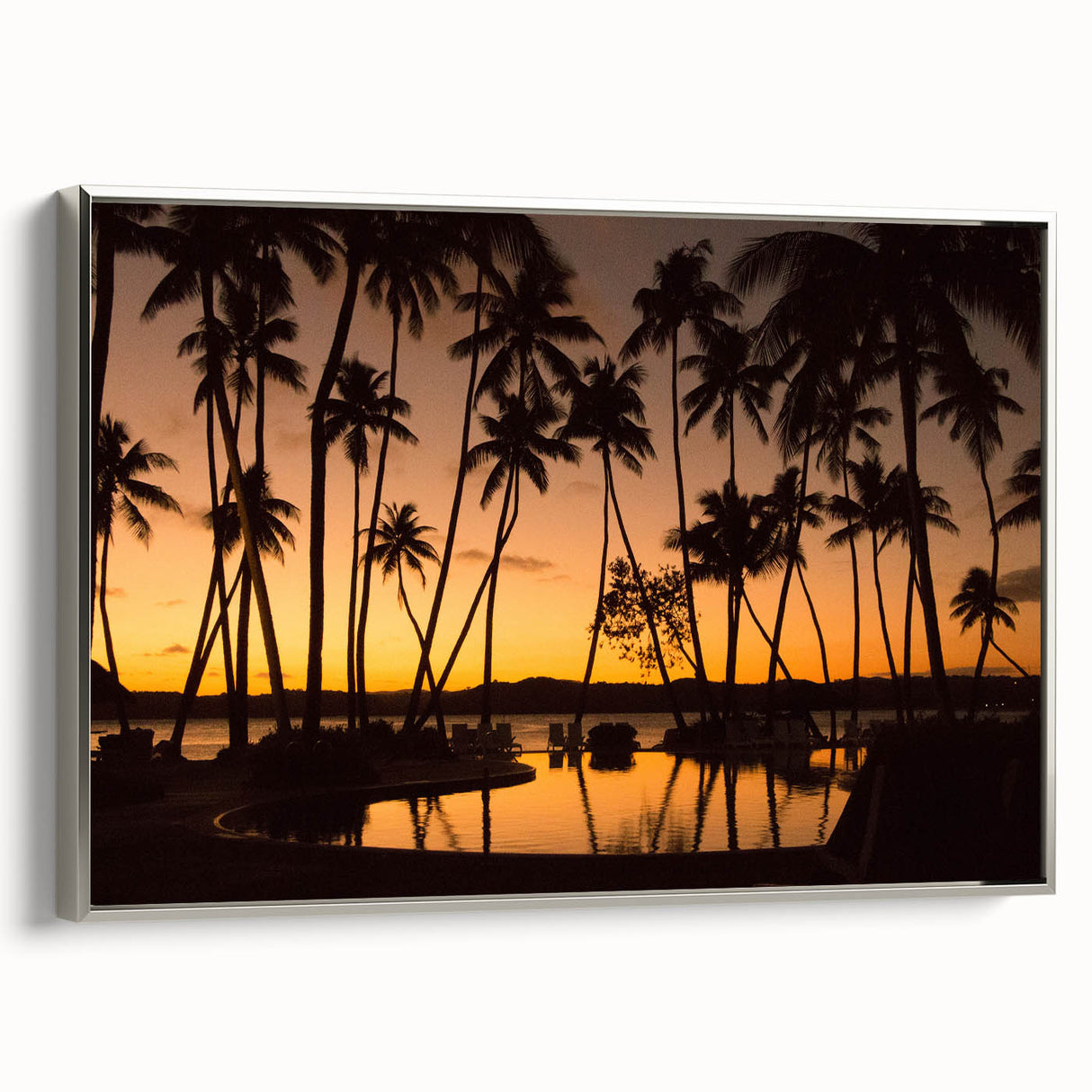 Framed canvas landscape painting of a Fiji scenery in vibrant colors, ideal for enhancing a living room's decor.