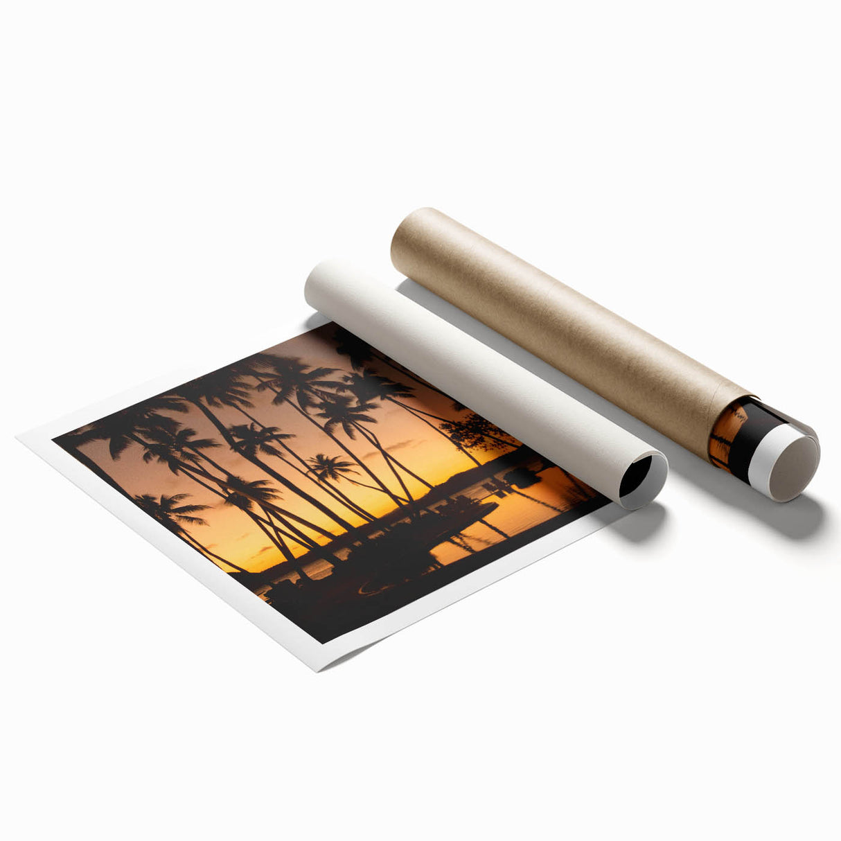 Extra large rolled print of a serene Fiji beach scene with subtle floral elements in soft blue and white tones.