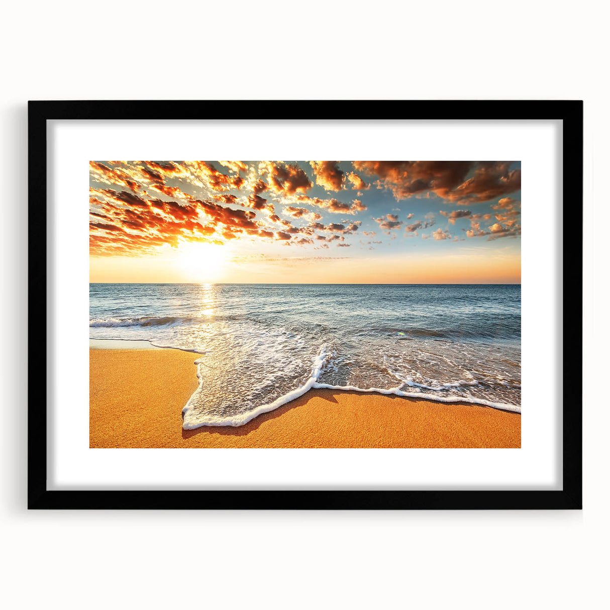 Extra large abstract art print of vivid, colorful scenery of French Polynesia on textured canvas, framed in black.