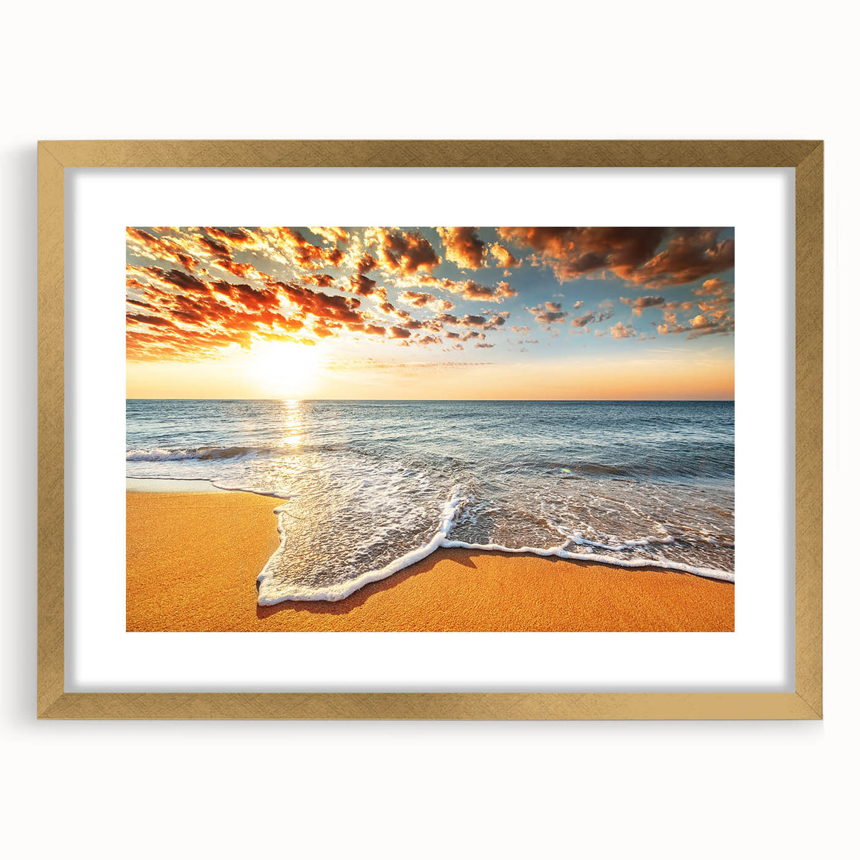 Extra large abstract art print of a serene Bora Bora landscape in muted blue and green tones, framed in gold.