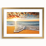 Extra large abstract art print of a serene Bora Bora landscape in muted blue and green tones, framed in gold.