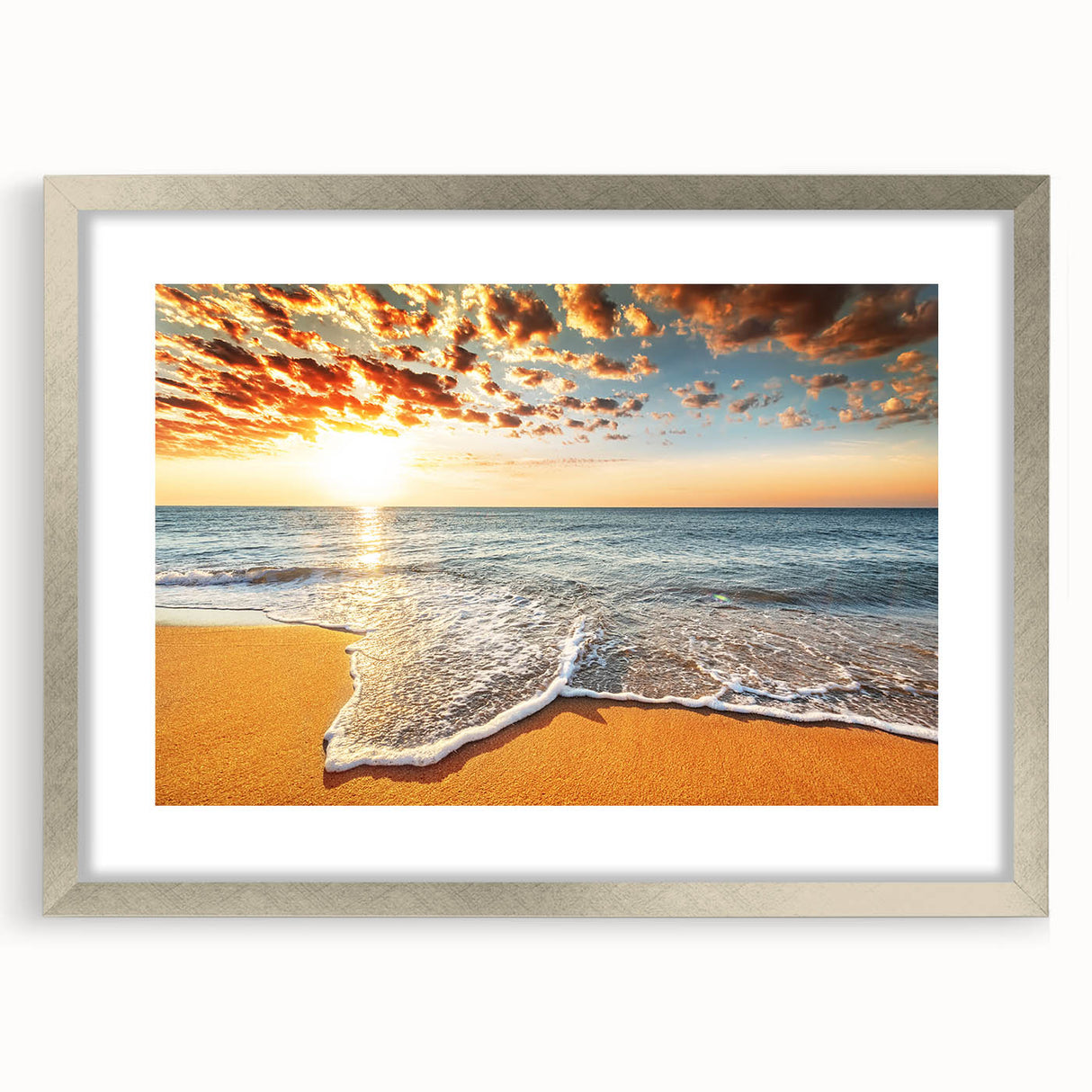 Textured abstract art print of Bora Bora scenery in pastel shades on a silver-framed canvas, suitable for bedroom decor.