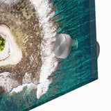 Large abstract wall art of a Tahitian landscape in vibrant blue and green tones on acrylic glass.