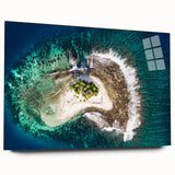 Large abstract wall art of Tahiti's oceanic scenery in vibrant blue hues, printed on acrylic glass.