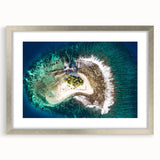 Textured abstract art print of a serene Tahitian landscape in soft blue and green tones on a framed silver mat.