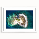 Abstract art print of a serene Tahitian landscape in muted blue and green tones on a framed white canvas.