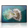 Large abstract wall art of a Tahitian landscape in muted blues and greens on a framed acrylic.