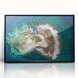 Large abstract wall art of a Tahitian landscape in muted blues and greens on a framed acrylic.