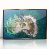 Mid-century modernist style large art print of a Tahitian landscape in acrylic, framed in gold, ideal for nursery wall art.