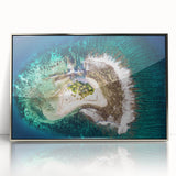 Mid-century modernist art of a Tahitian landscape in muted oceanic and green hues, framed acrylic.