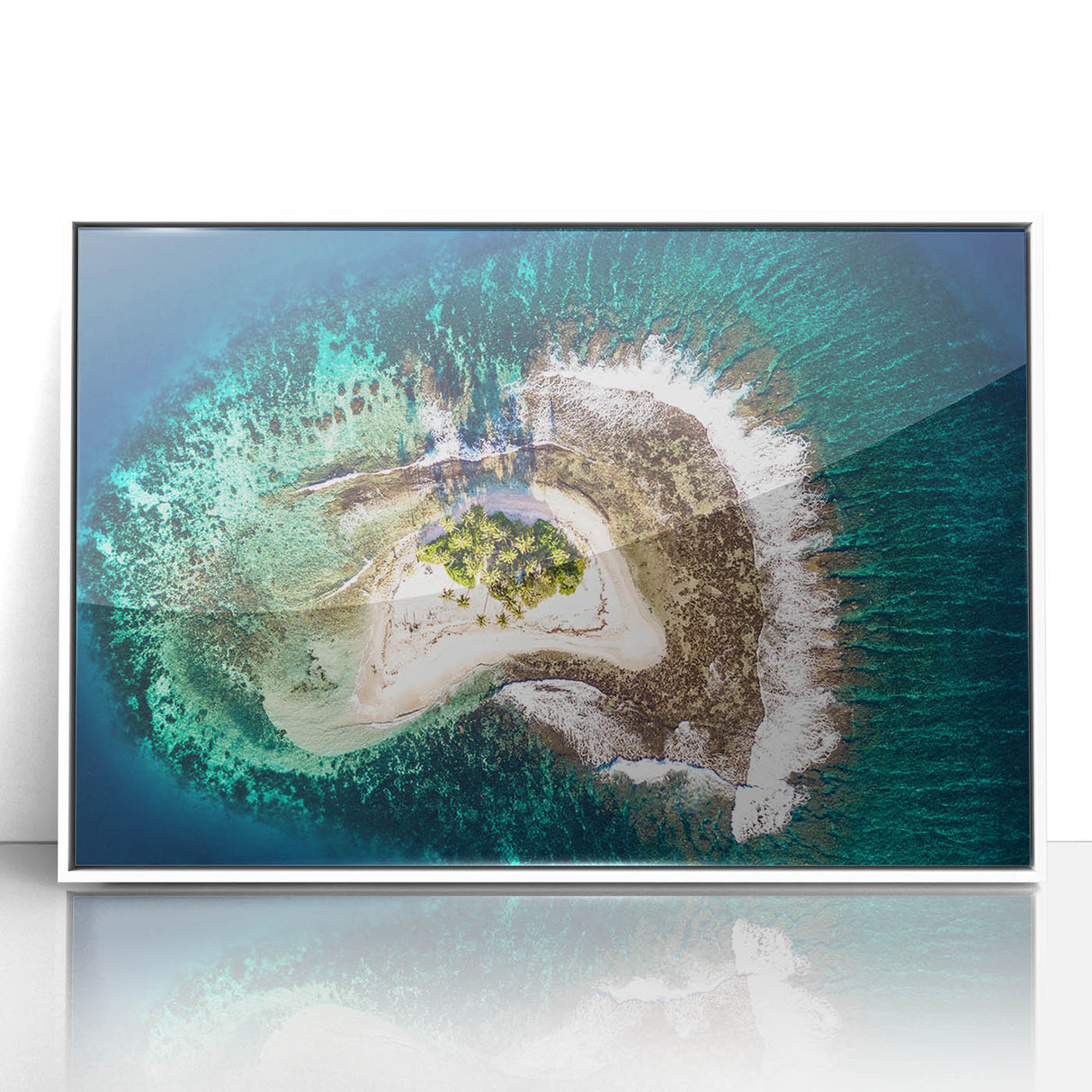 Art deco poster of Tahiti scenery in vibrant ocean blues on framed acrylic, suitable for modern art wall decor in a nursery.