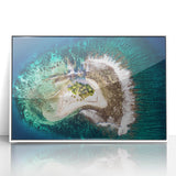 Art deco poster of Tahiti scenery in vibrant ocean blues on framed acrylic, suitable for modern art wall decor in a nursery.