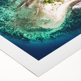 Art deco poster of a Tahitian landscape on rolled canvas, featuring muted blue and green tones.