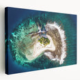 Large art depicting the serene Tahiti coastline on stretched canvas, featuring muted blue and green tones.