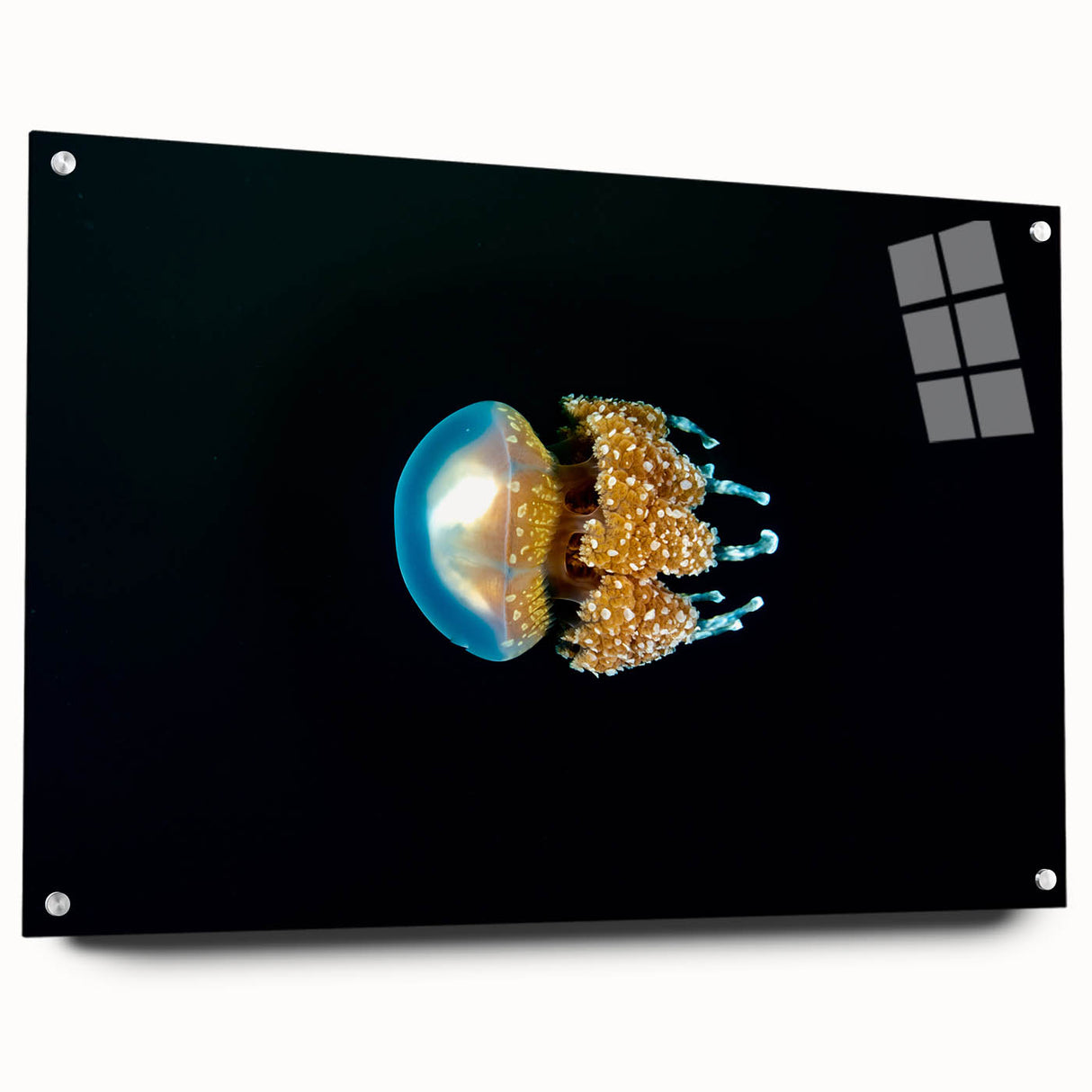 Large abstract wall art depicting an oceanic scene in shades of blue and green on acrylic glass.