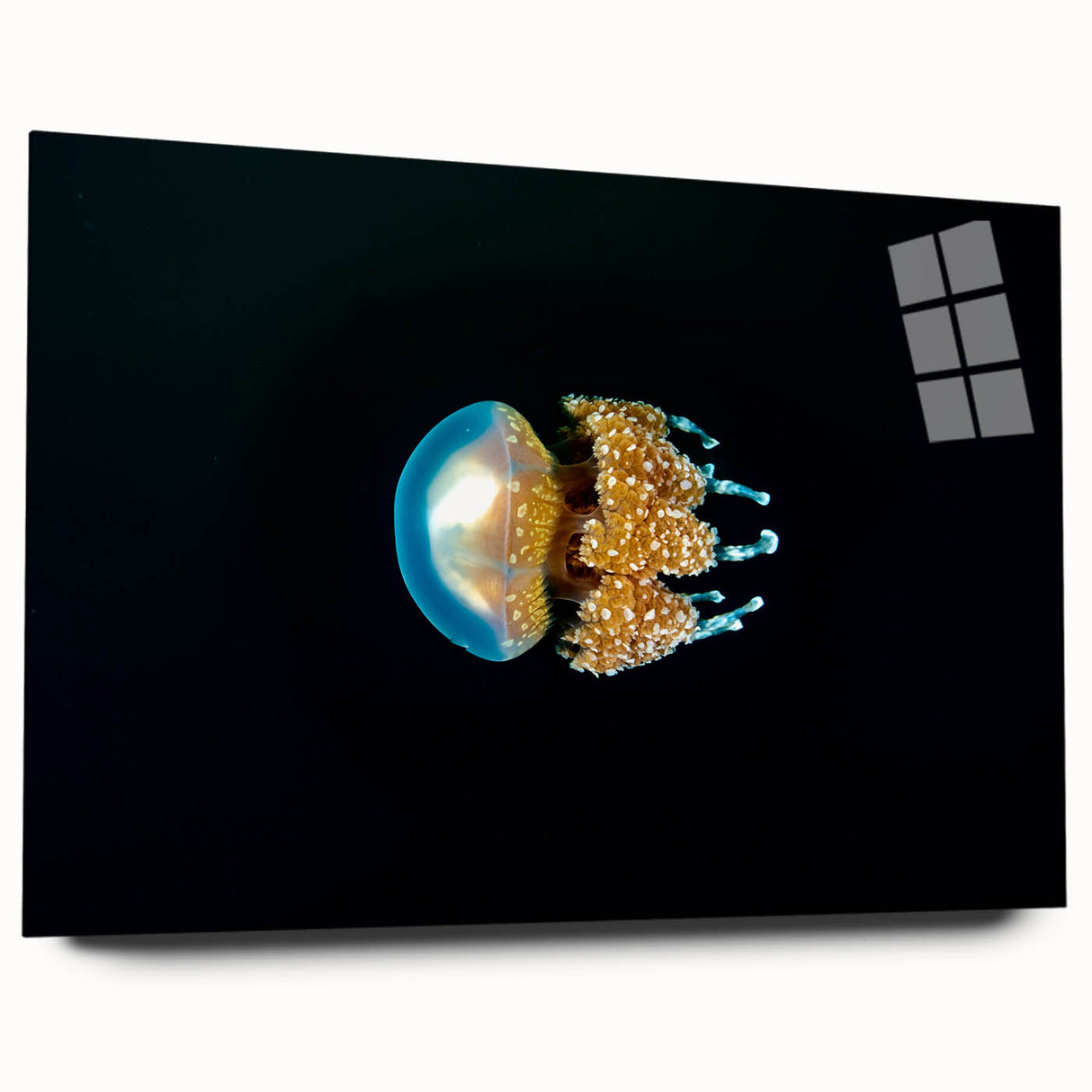 Large abstract ocean scene in blue and turquoise hues on acrylic glass, ideal for bedroom or dining room art.