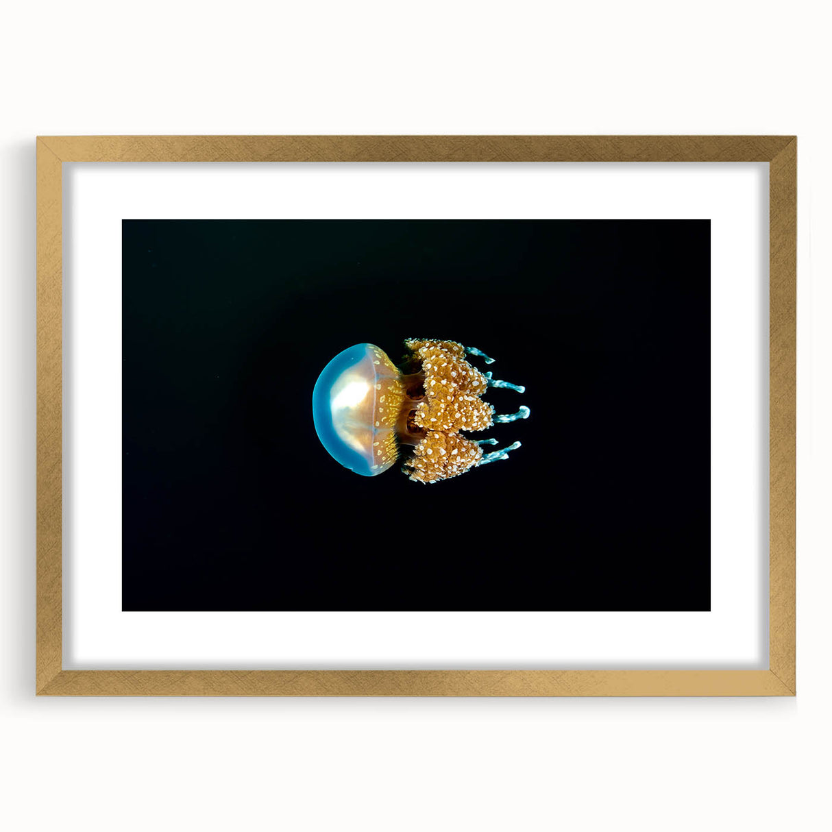 Extra large abstract art print of an oceanic scene in muted blue and gray tones on a textured canvas, framed in gold.