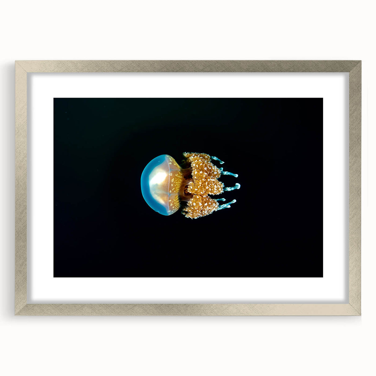 Textured abstract art print of oceanic scenery in muted blue and green on a framed canvas, suitable for bedroom art.