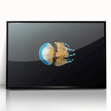 Large abstract wall art depicting oceanic scenery in muted blue and green on a framed acrylic.